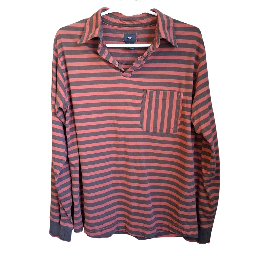 686 Performance Wear LS Polo Shirt Unisex Small Orange/Brown Stripe Gorpcore EUC